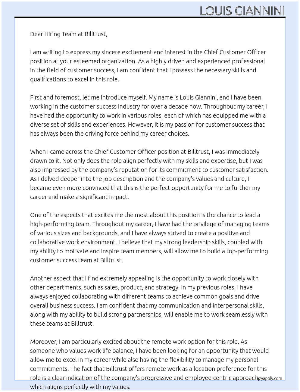 Chief Customer Officer At Billtrust Cover Letter