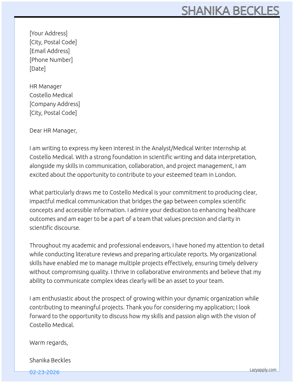 Analyst/Medical Writer Internship At Costello Medical Cover Letter