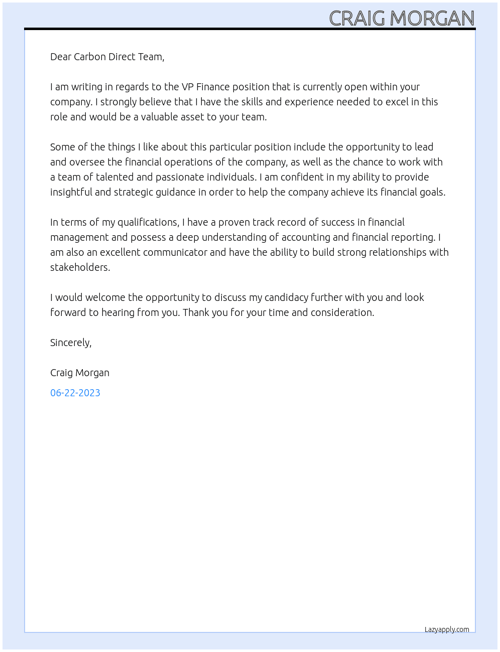 VP Finance At Carbon Direct Cover Letter