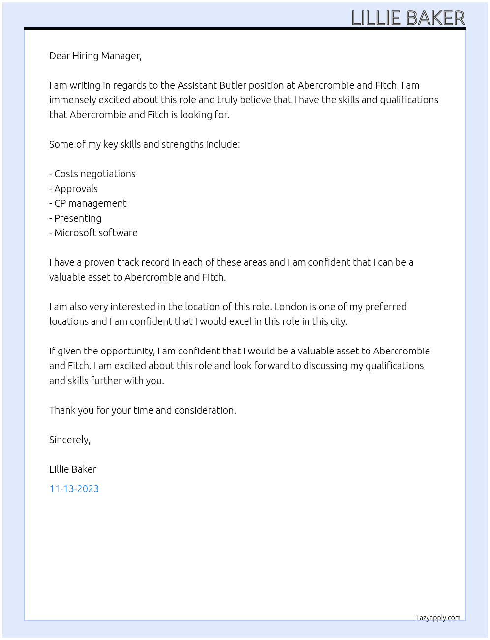 Assistant Buter At Abercrombie and Fitch Cover Letter