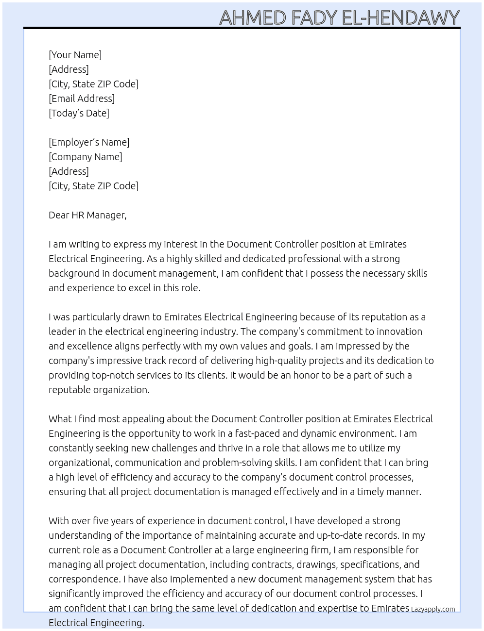 Document Controller  At Emirates Electrical Engineering  Cover Letter