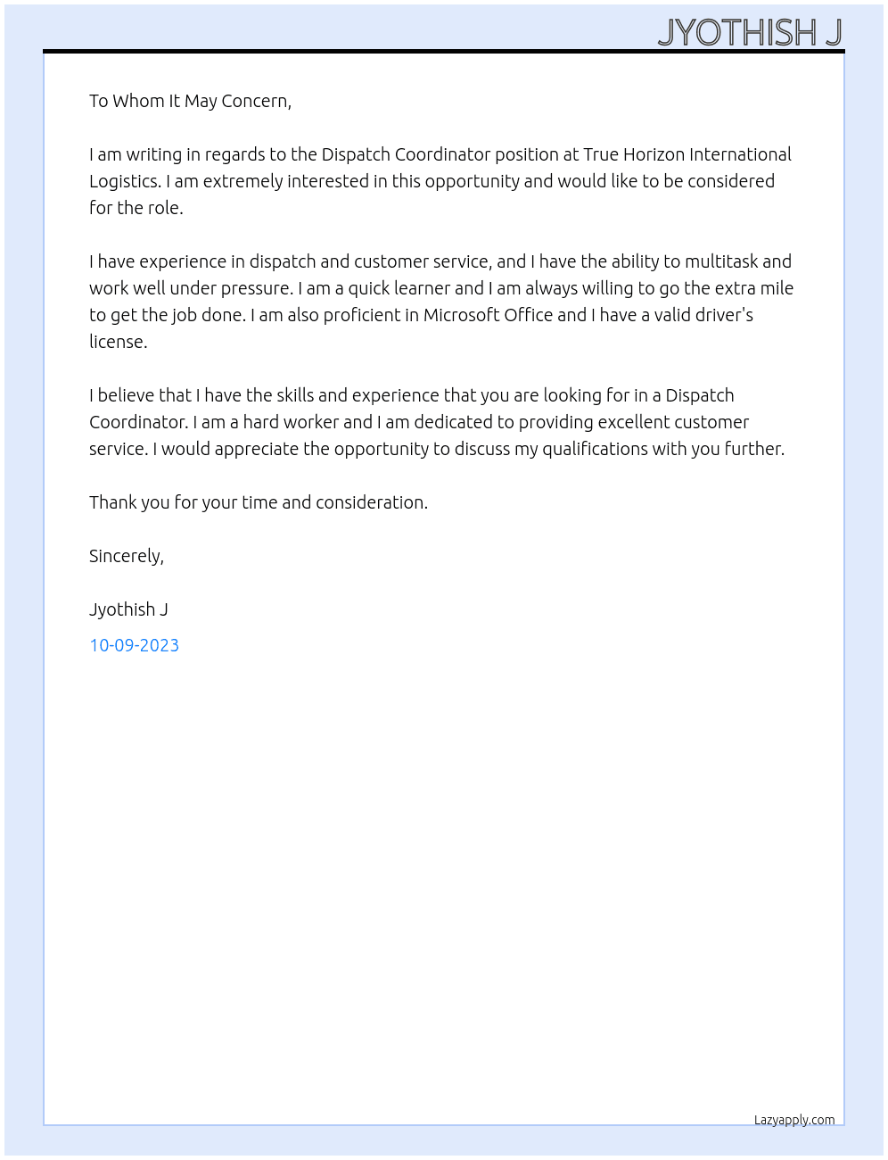 Dispatch Coordinator At True Horizon International Logistics Cover Letter