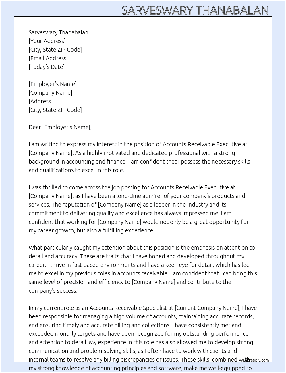 Cover letter for accounts receivable executive - LazyApply