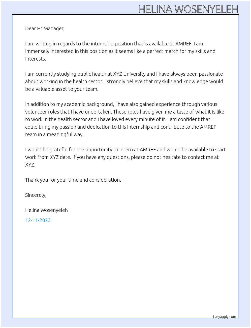 Intership At AMREF Cover Letter