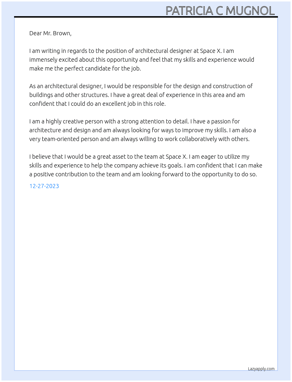 Architectural designer At Space X Cover Letter