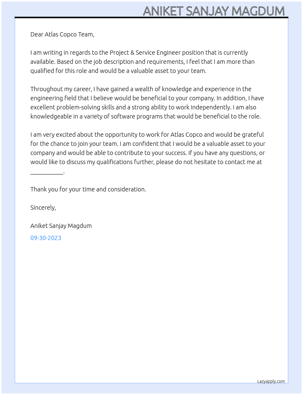 Project & Service Engineer  At Atlas Copco  Cover Letter