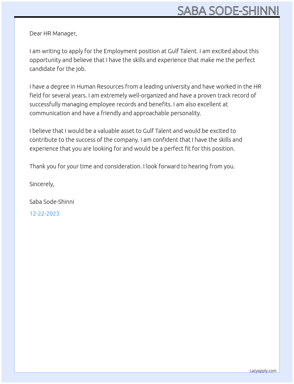 Application for Employment At Gulf Talent Cover Letter