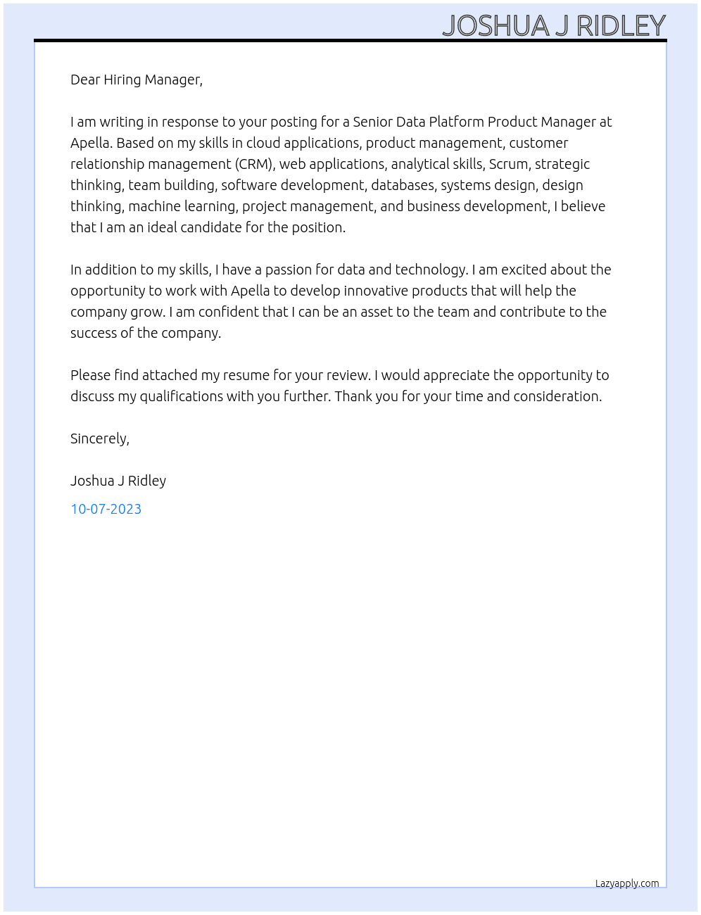 Senior Data Platform Product Manager At Apella Cover Letter