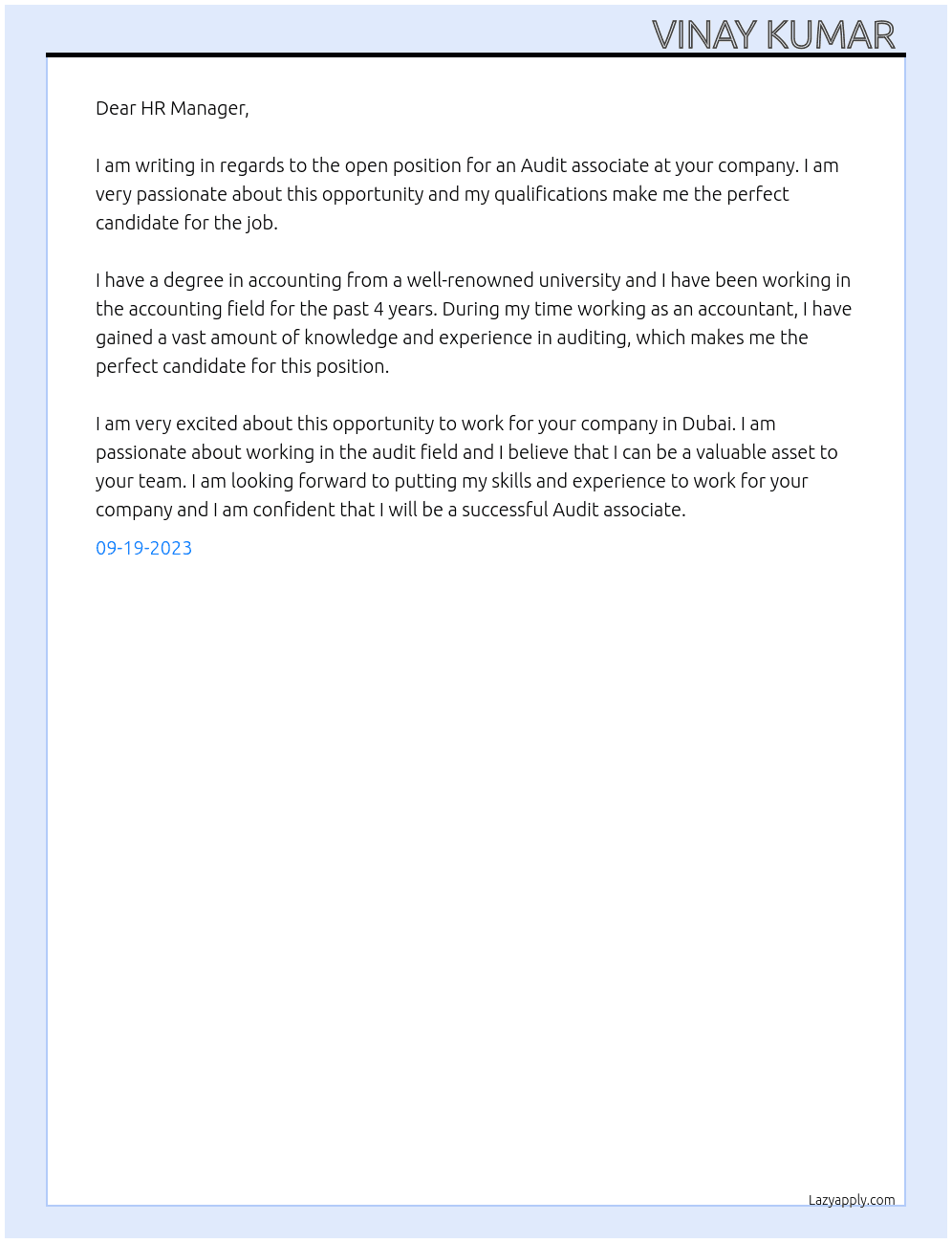 Audit associate  At Dubai  Cover Letter