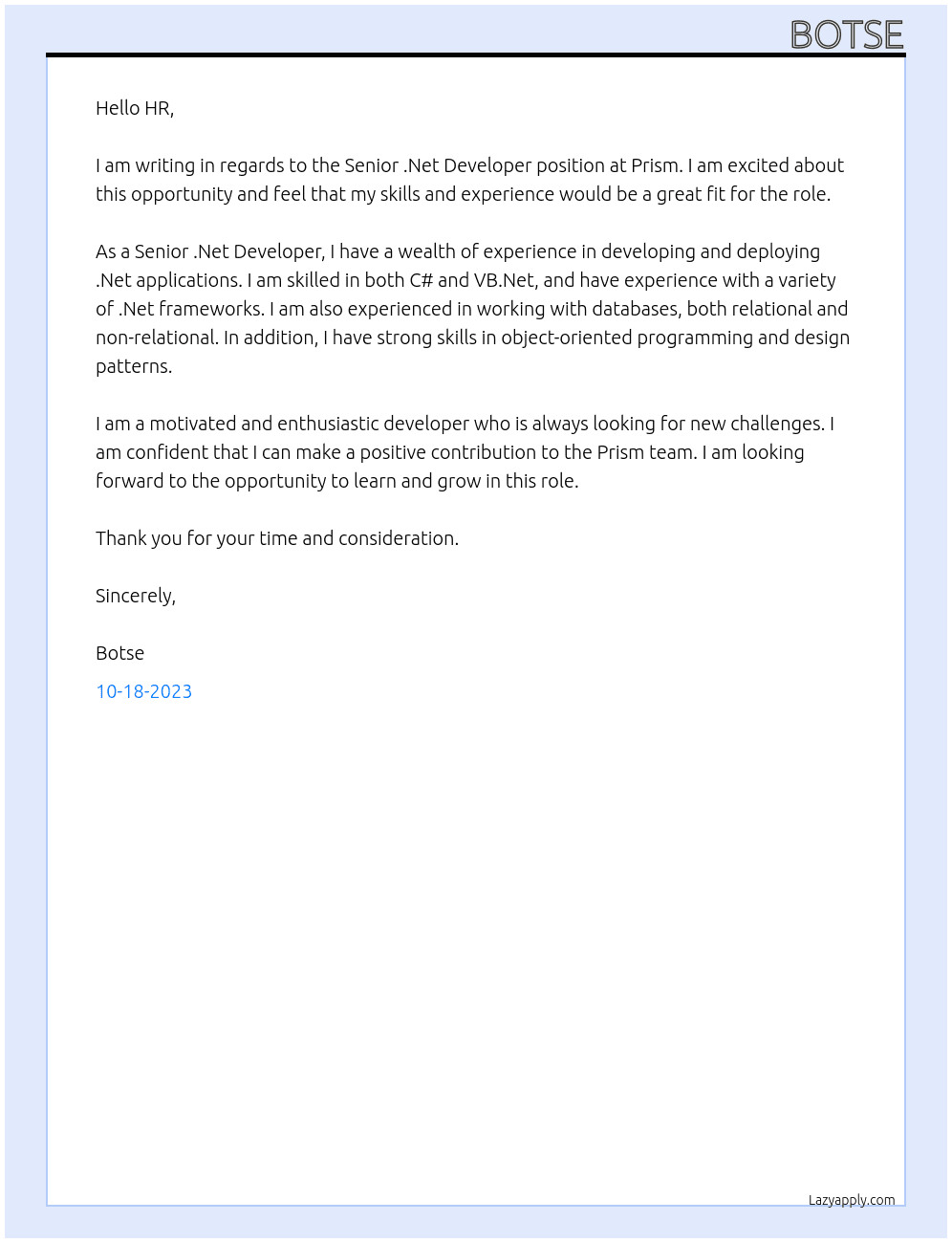 Senior .Net Developer At Prism Cover Letter