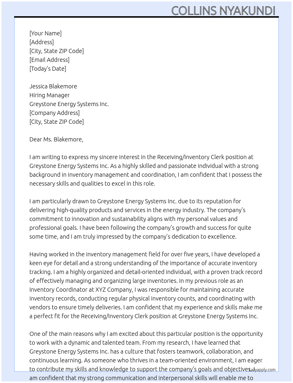 Receiving/Inventory Clerk  At Greystone Energy Systems Inc. Cover Letter