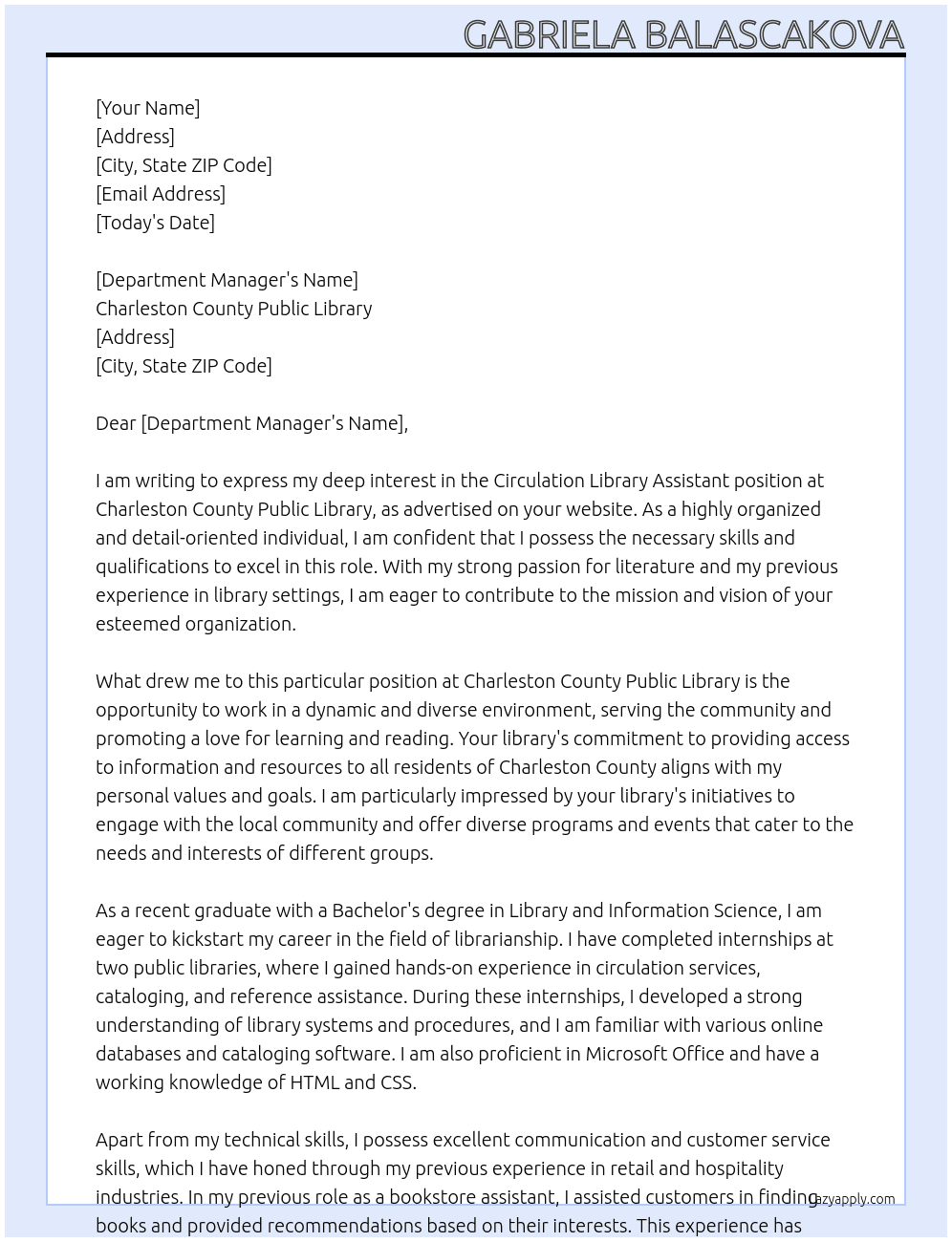  Circulation Library Assistant At Charleston County Public Library  Cover Letter