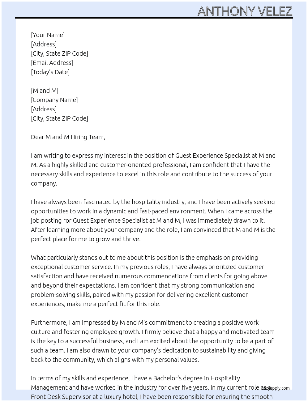 Guest Experience Specialist At MandM Cover Letter