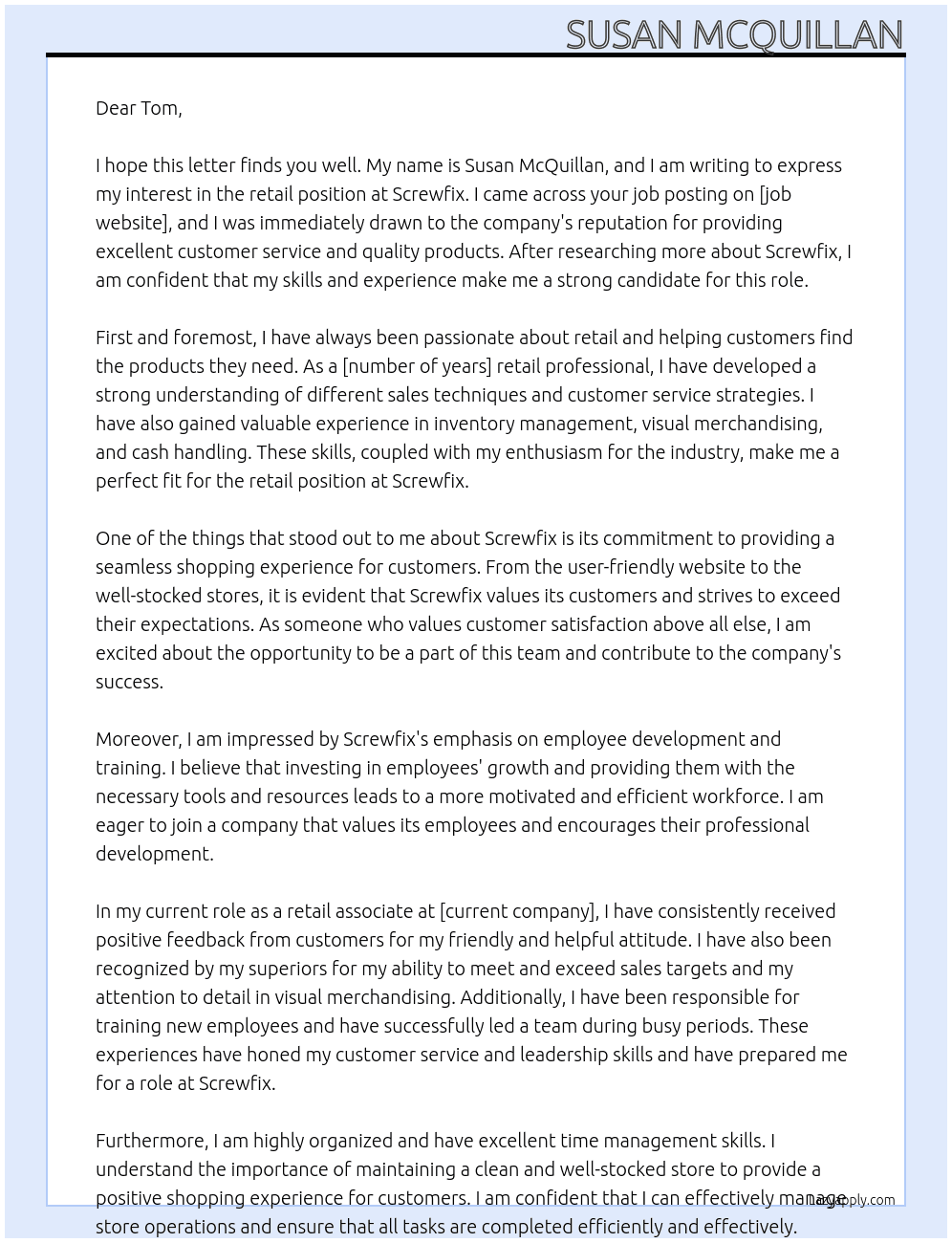 retail At Screwfix Cover Letter
