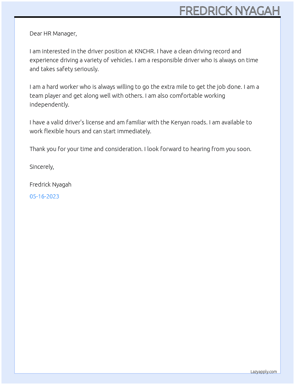 driver At KNCHR Cover Letter
