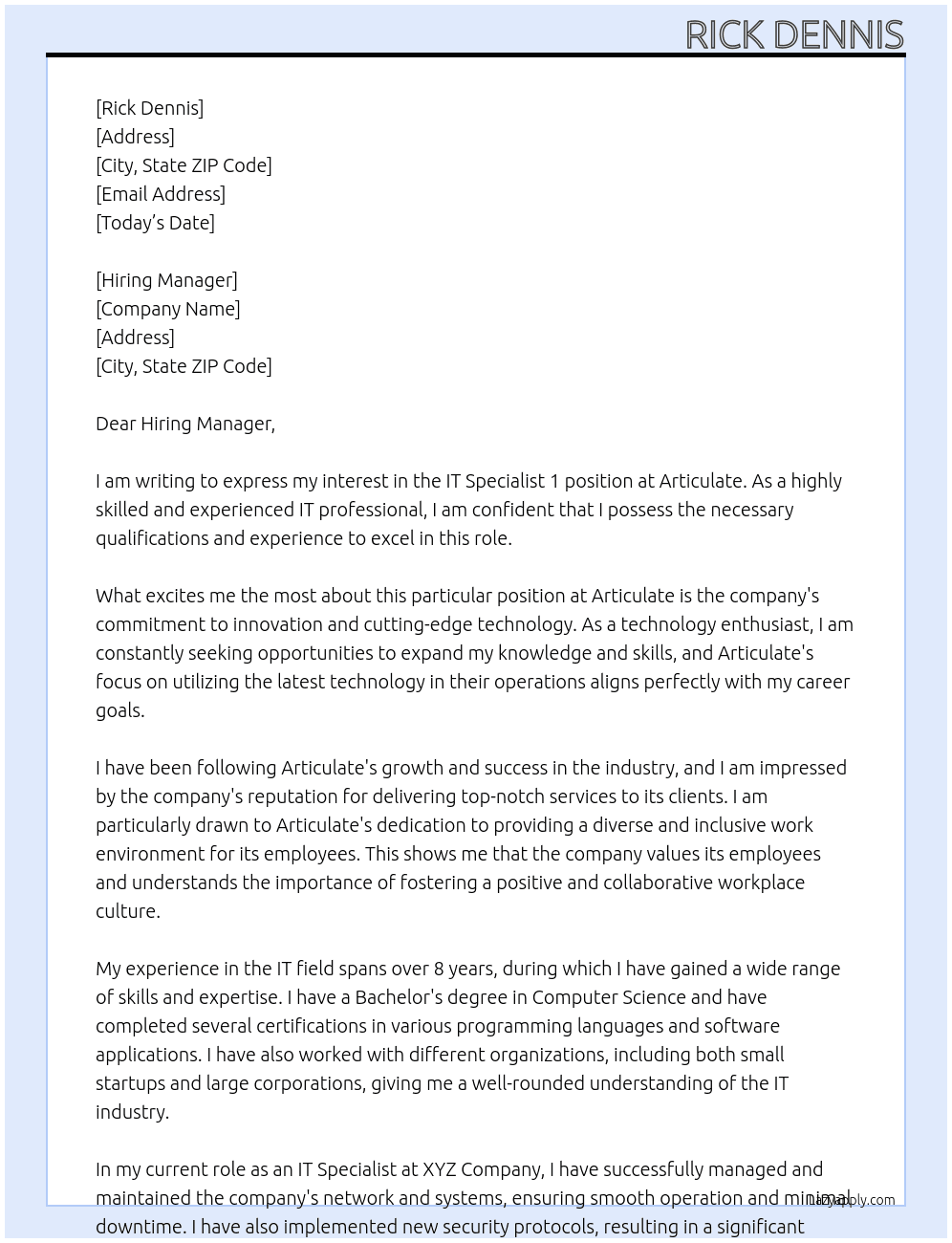 IT Specialist 1 At Articulate Cover Letter