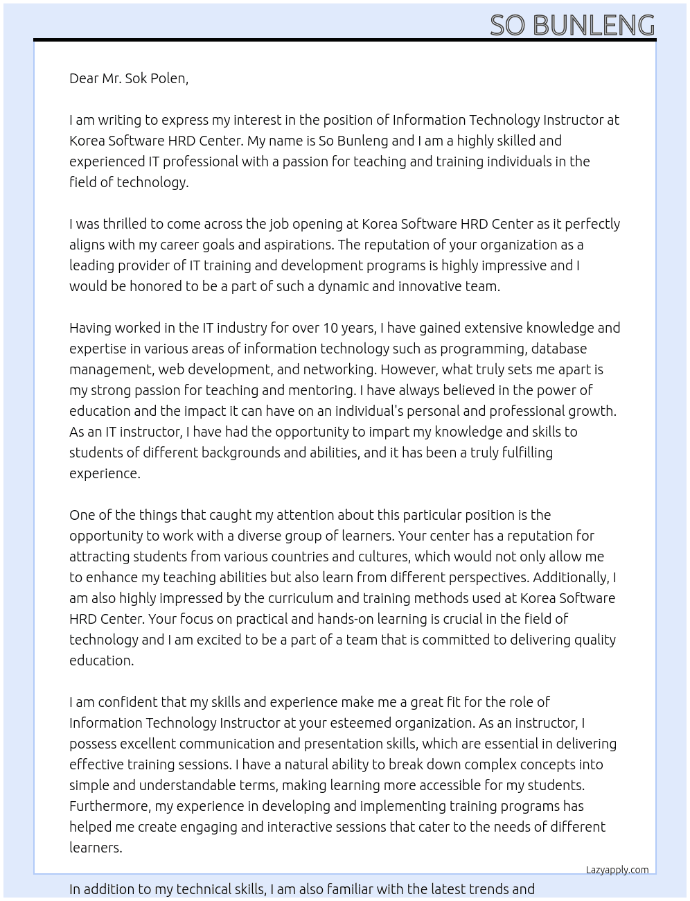 Information  Technology Instructor At Korea Software HRD Center Cover Letter