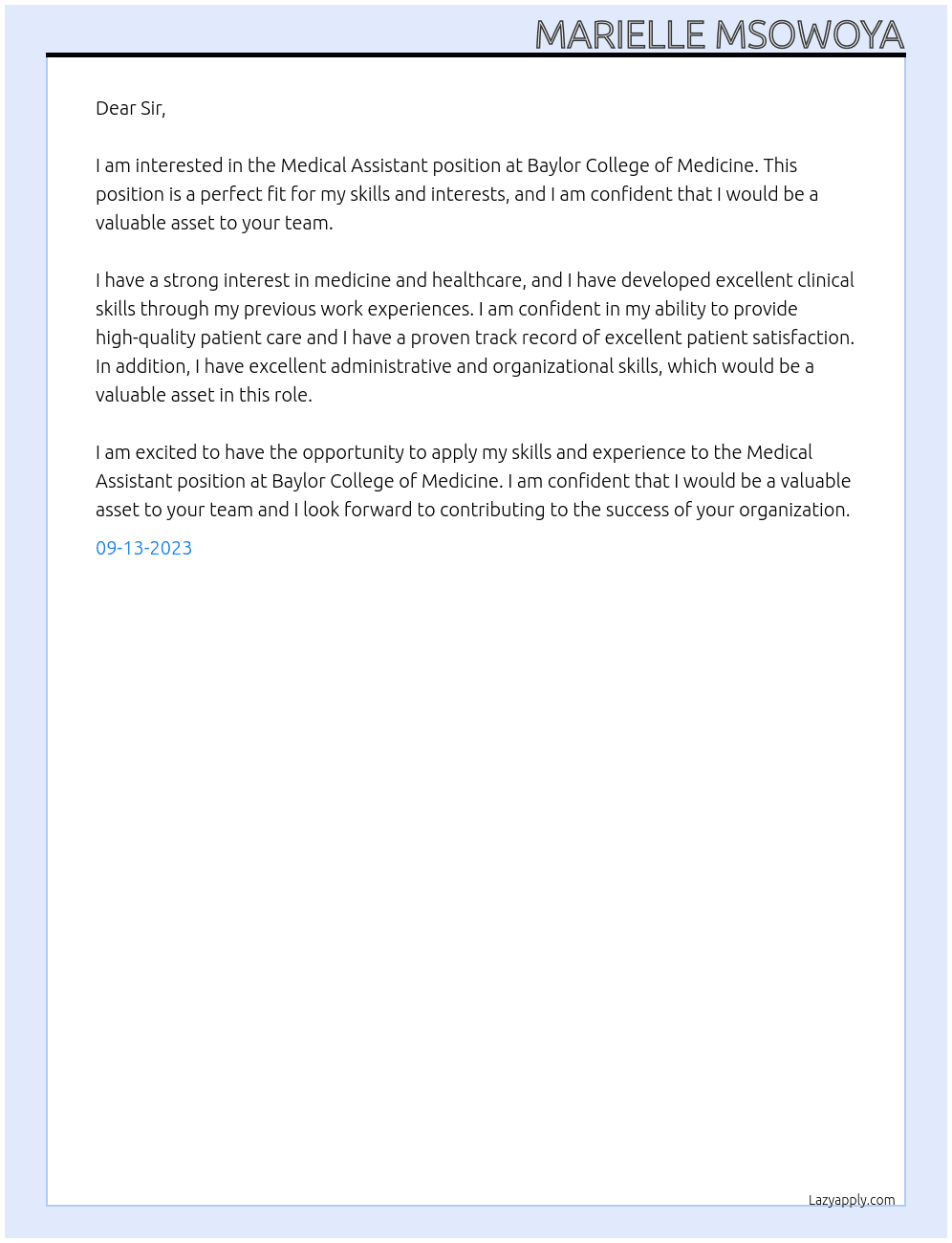 Medical Assisrant At Baylor College of Medicine Cover Letter