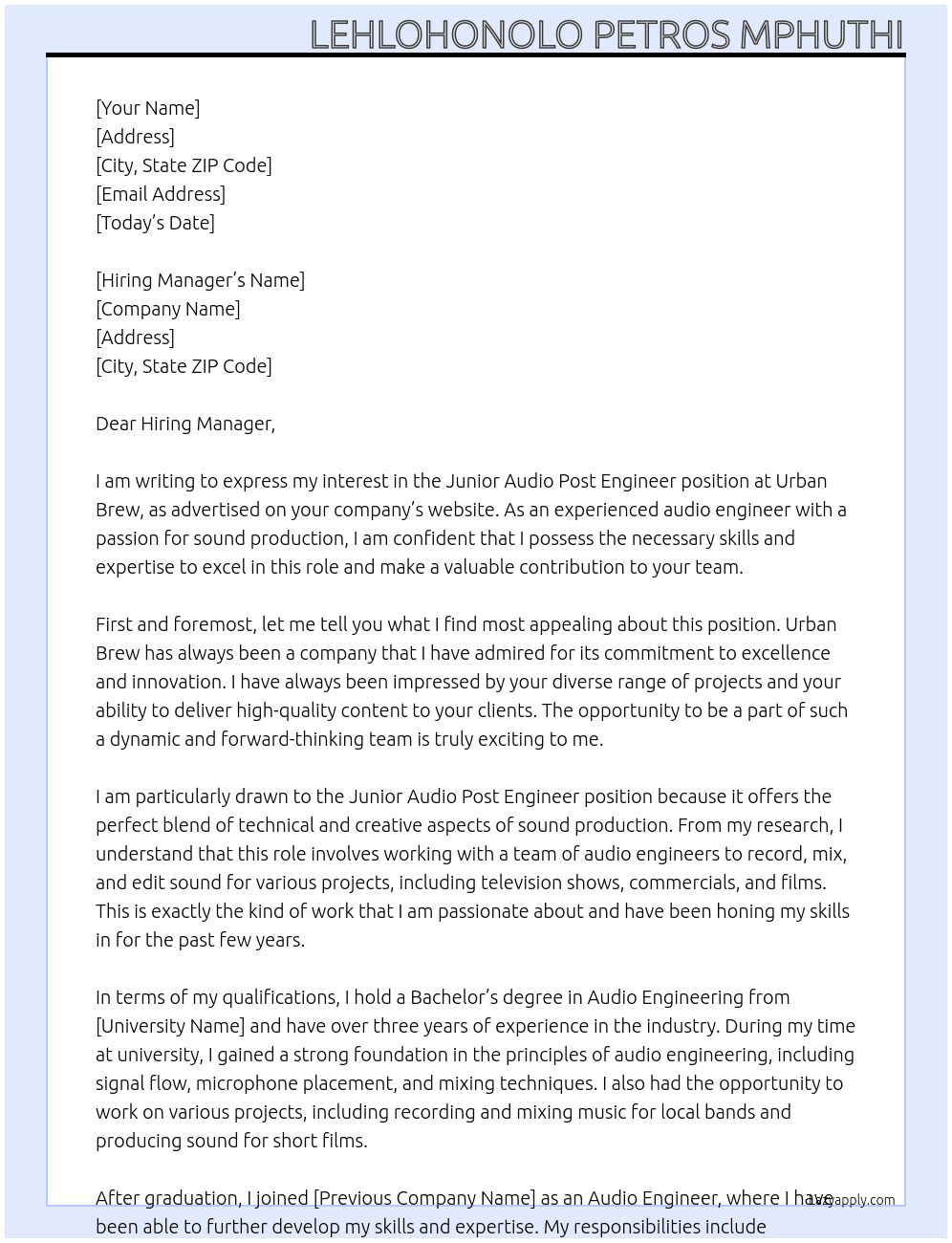 Junior Audio Post Engineer At Urban Brew  Cover Letter