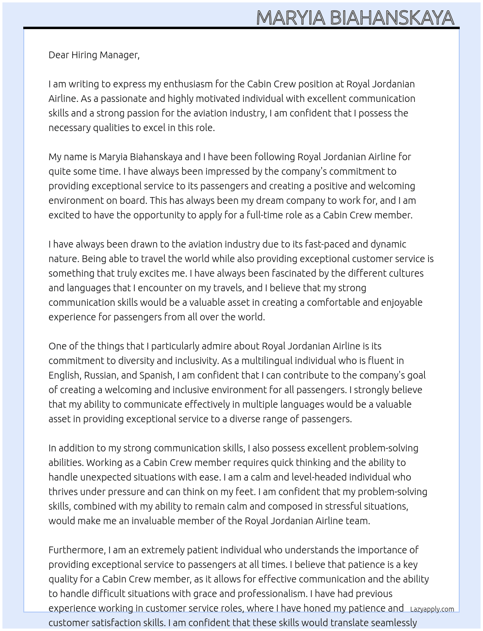 Cabin Crew At Royal Jordanian Airline Cover Letter