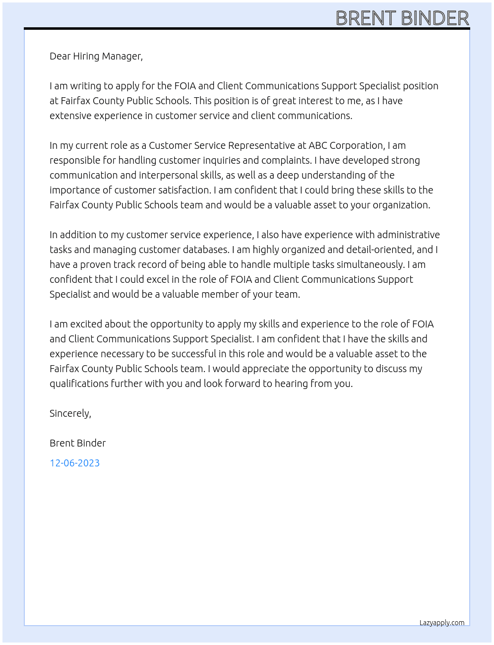 FOIA and Client Communications Support Specialist At Fairfax County Public Schools Cover Letter