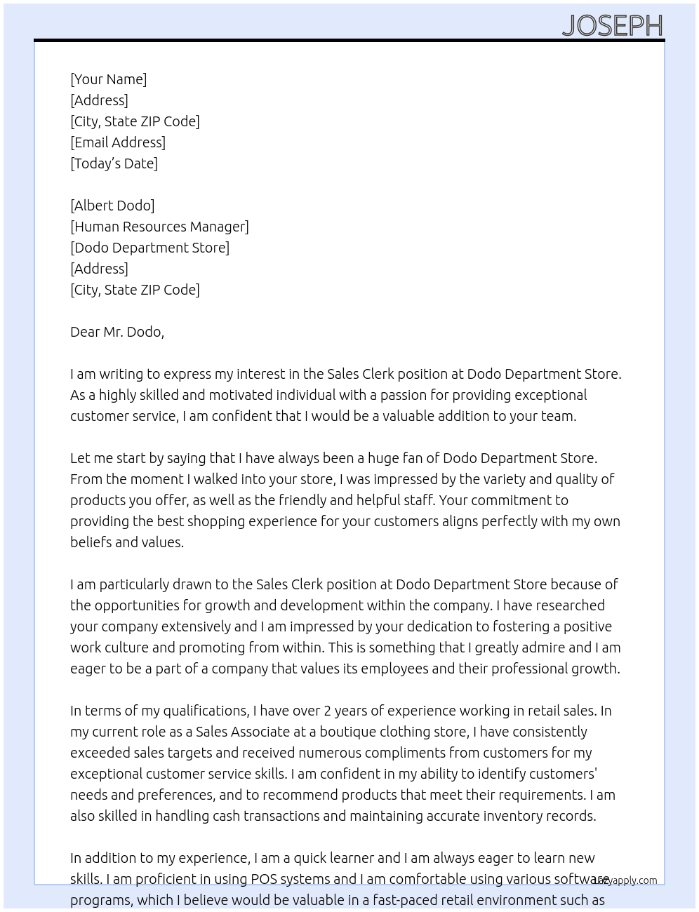 Sales Clerk At Dodo Department Store Cover Letter
