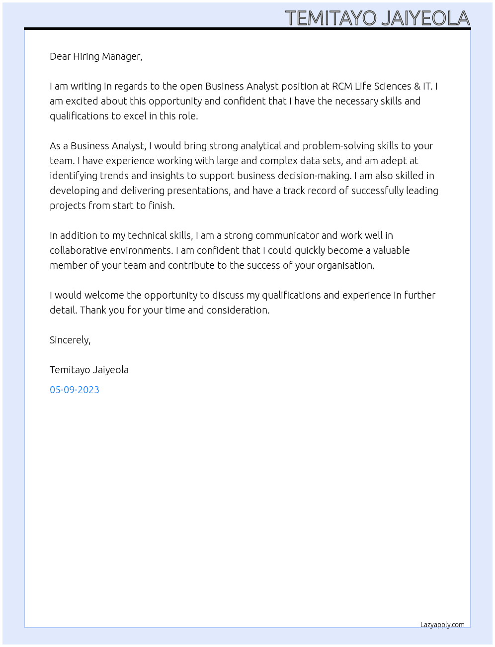 Business Analyst At RCM Life Sciences & IT Cover Letter