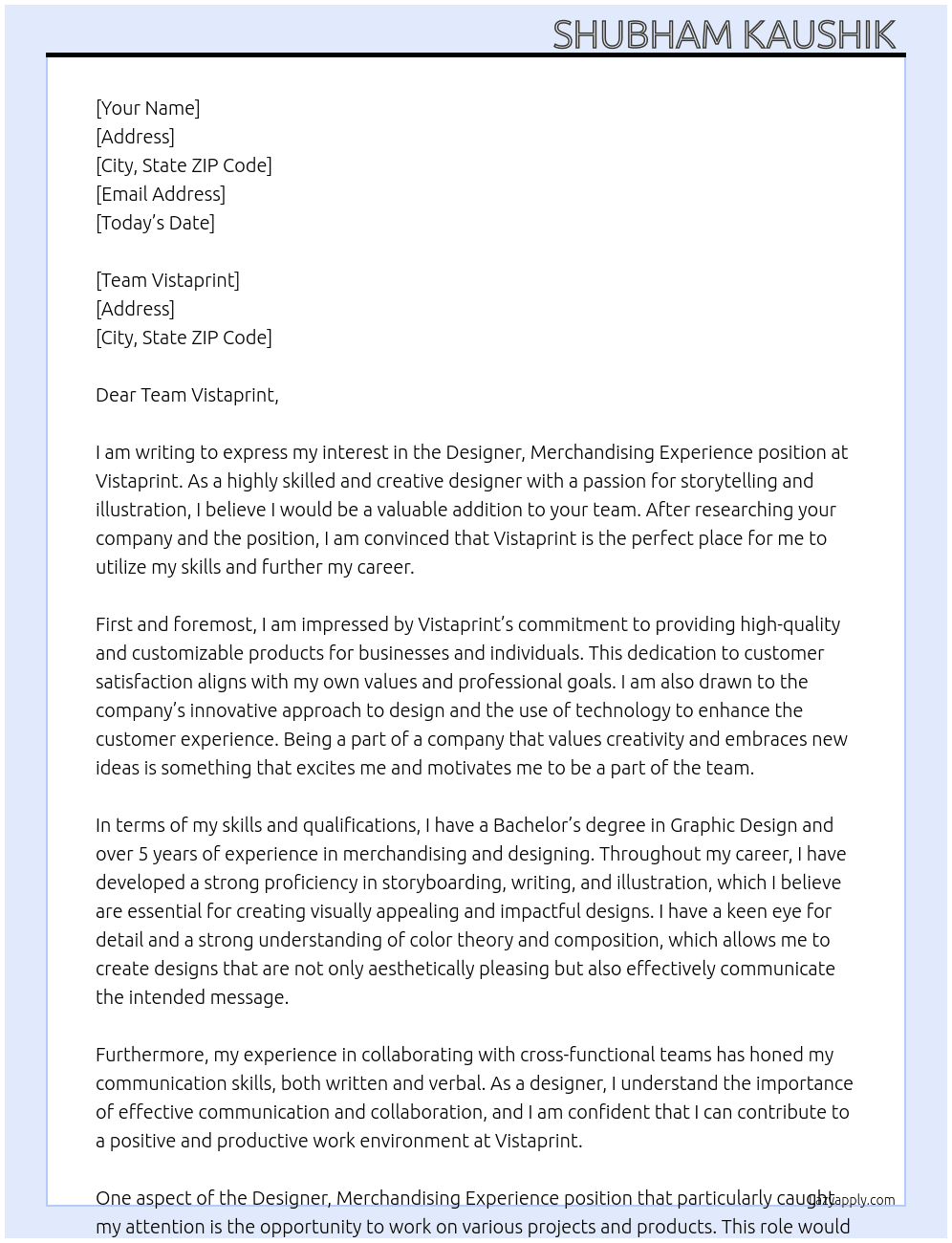 Designer, Merchandising Experience At Vistaprint Cover Letter