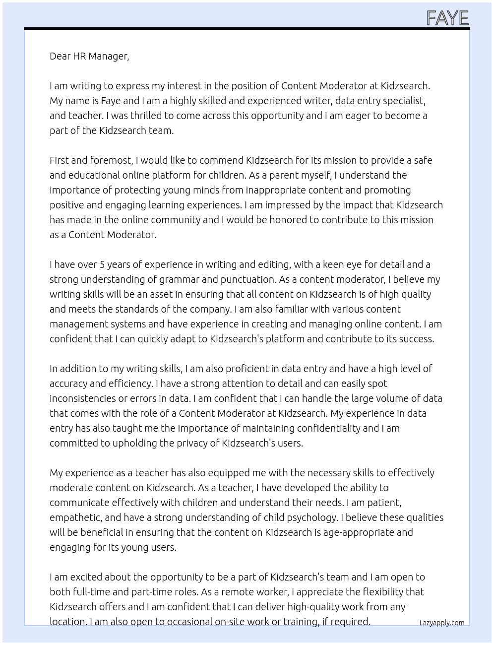 content moderators At kidzsearch Cover Letter
