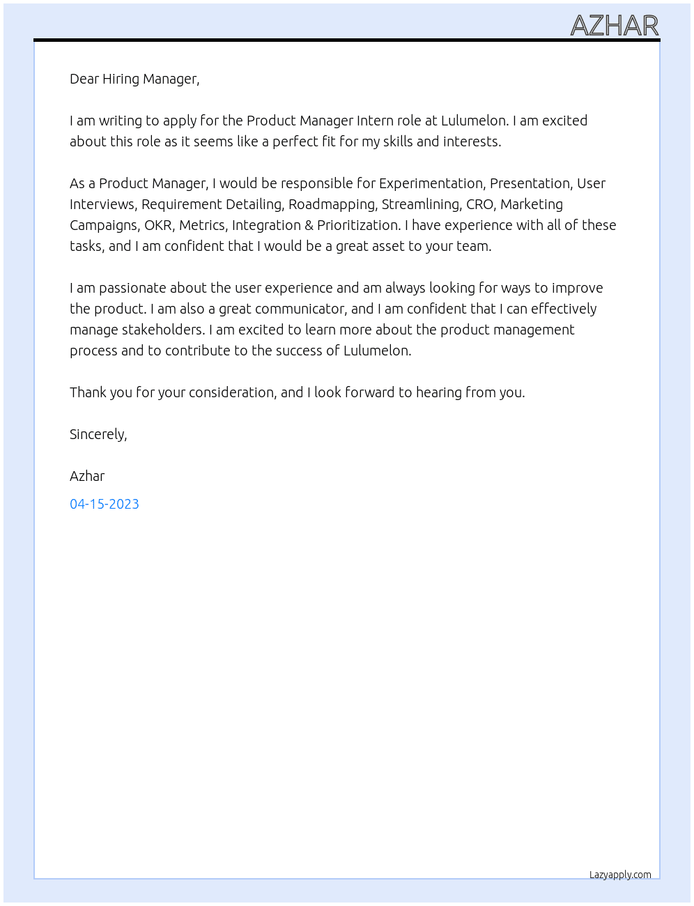 Product Manager Intern At Lulumelon Cover Letter