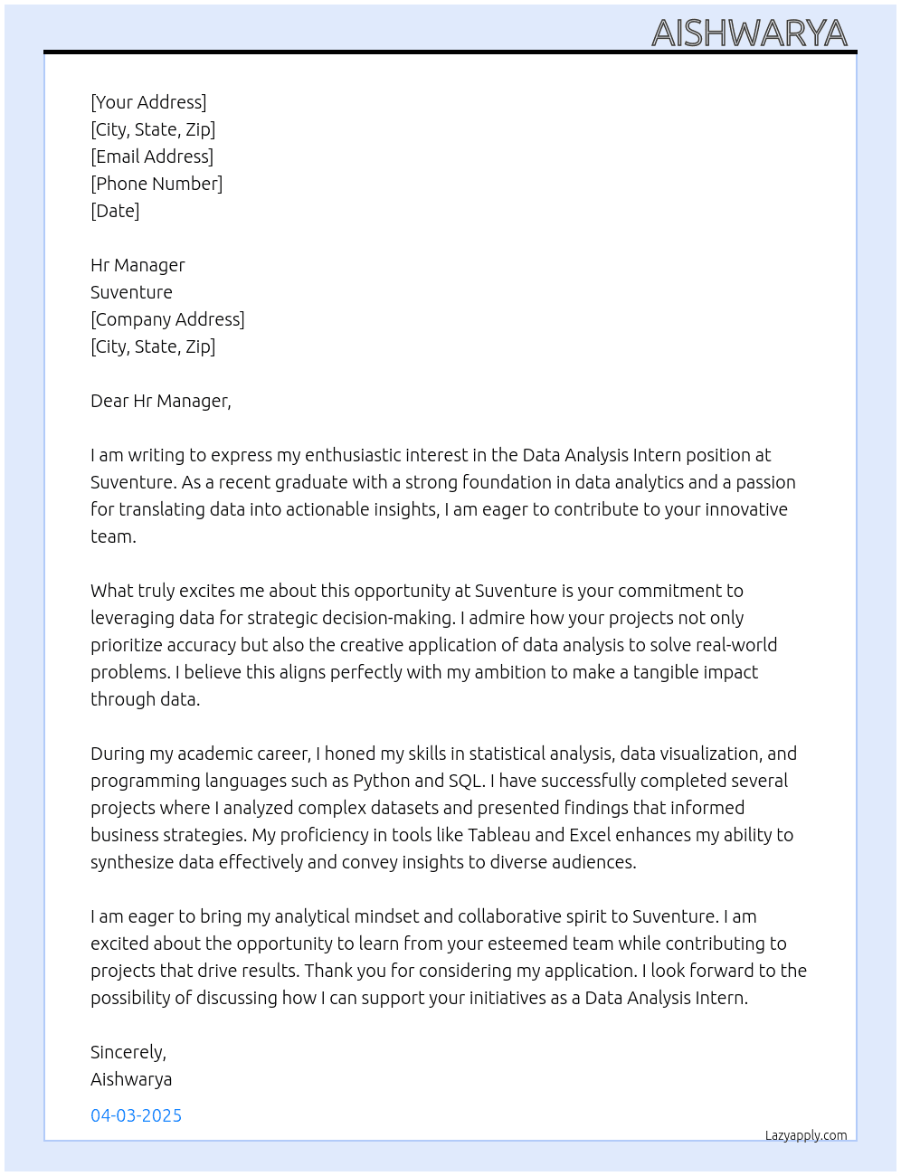 Data analysis intern  At Suventure Cover Letter