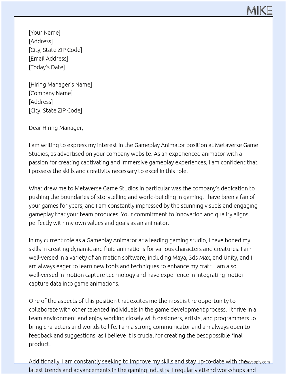 Gameplay Animator At Metaverse Game Studios Cover Letter