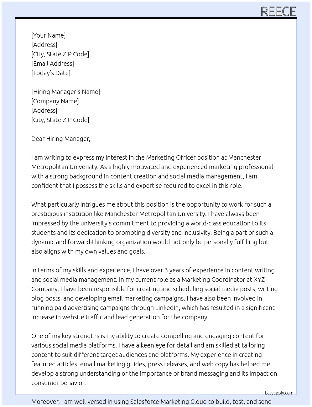 Marketing Officer At Manchester Metropolitan University Cover Letter