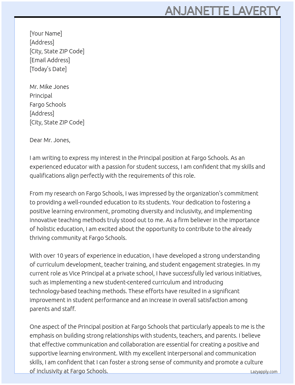 Principal At Fargo Schools Cover Letter