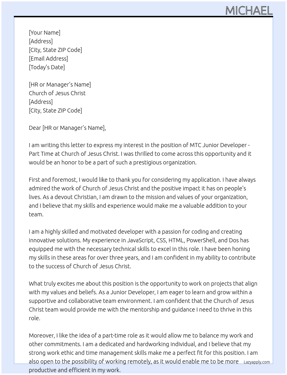 MTC Junior Developer- Part Time At Church of Jesus Christ Cover Letter