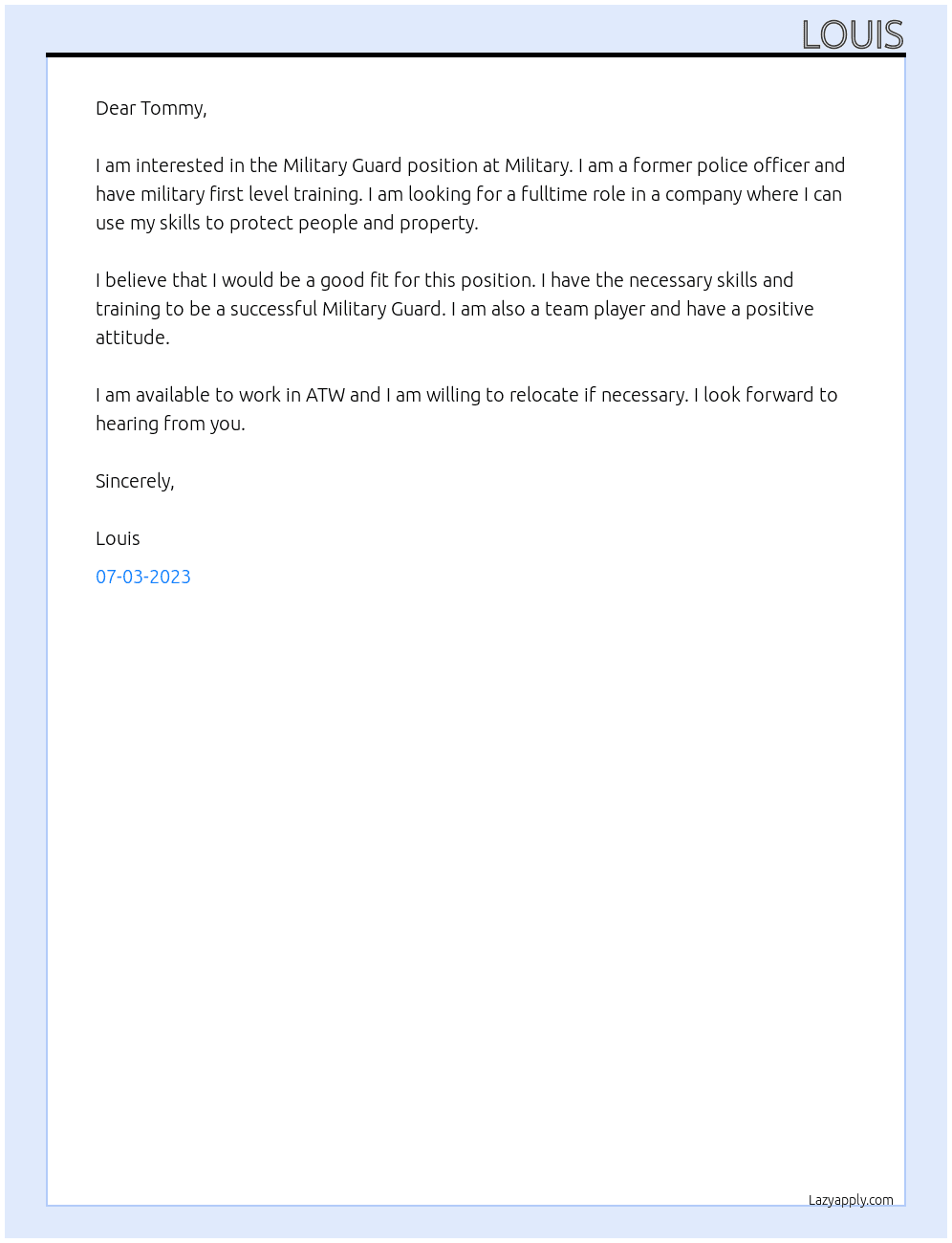 Military Guard At Military Cover Letter