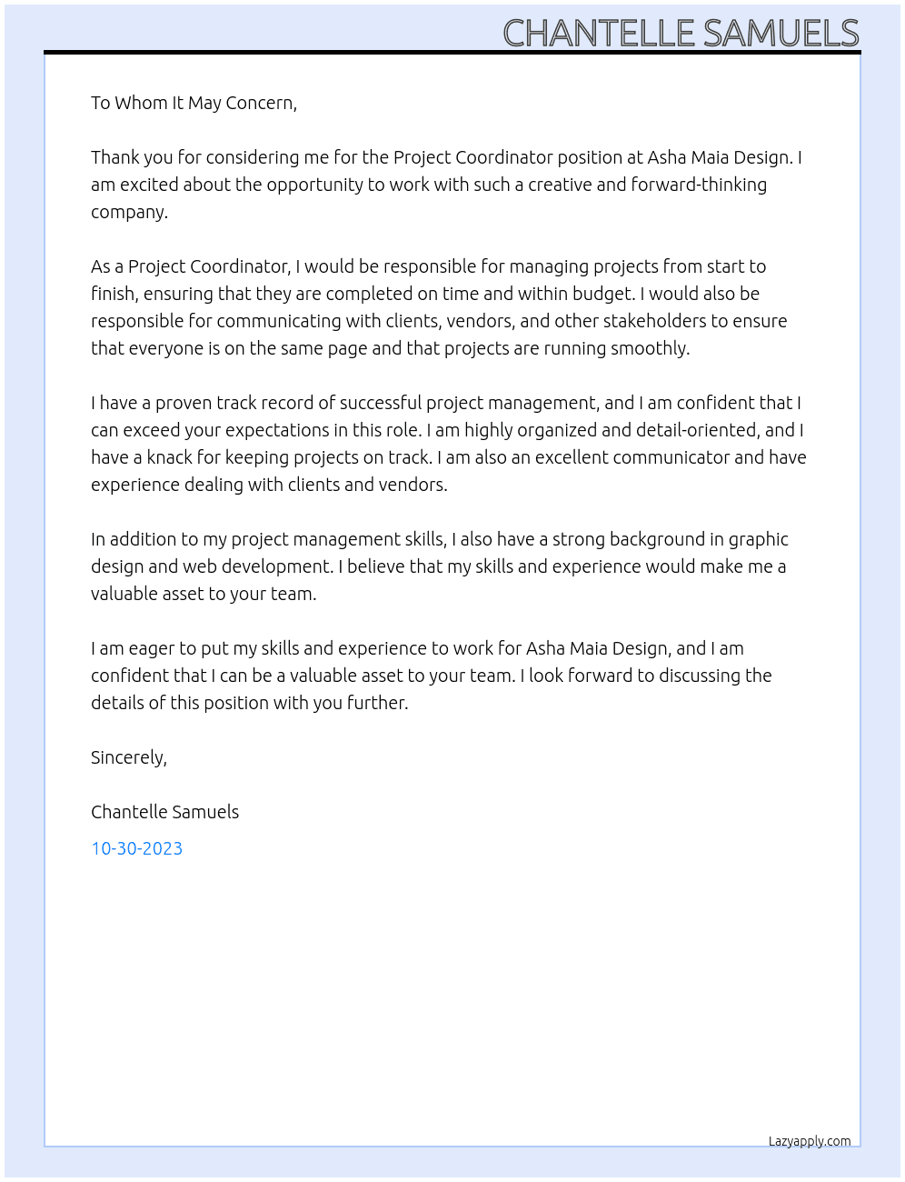 Project Coordinator  At Asha Maia Design Cover Letter