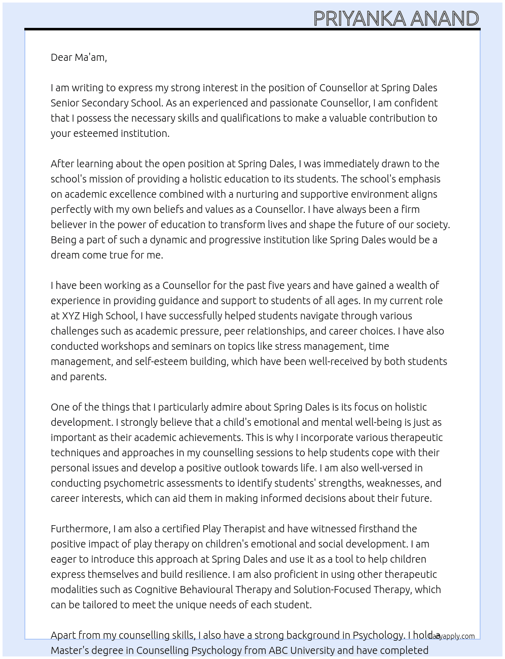 Counsellor in school At Spring Dales Senior Secondary School Cover Letter
