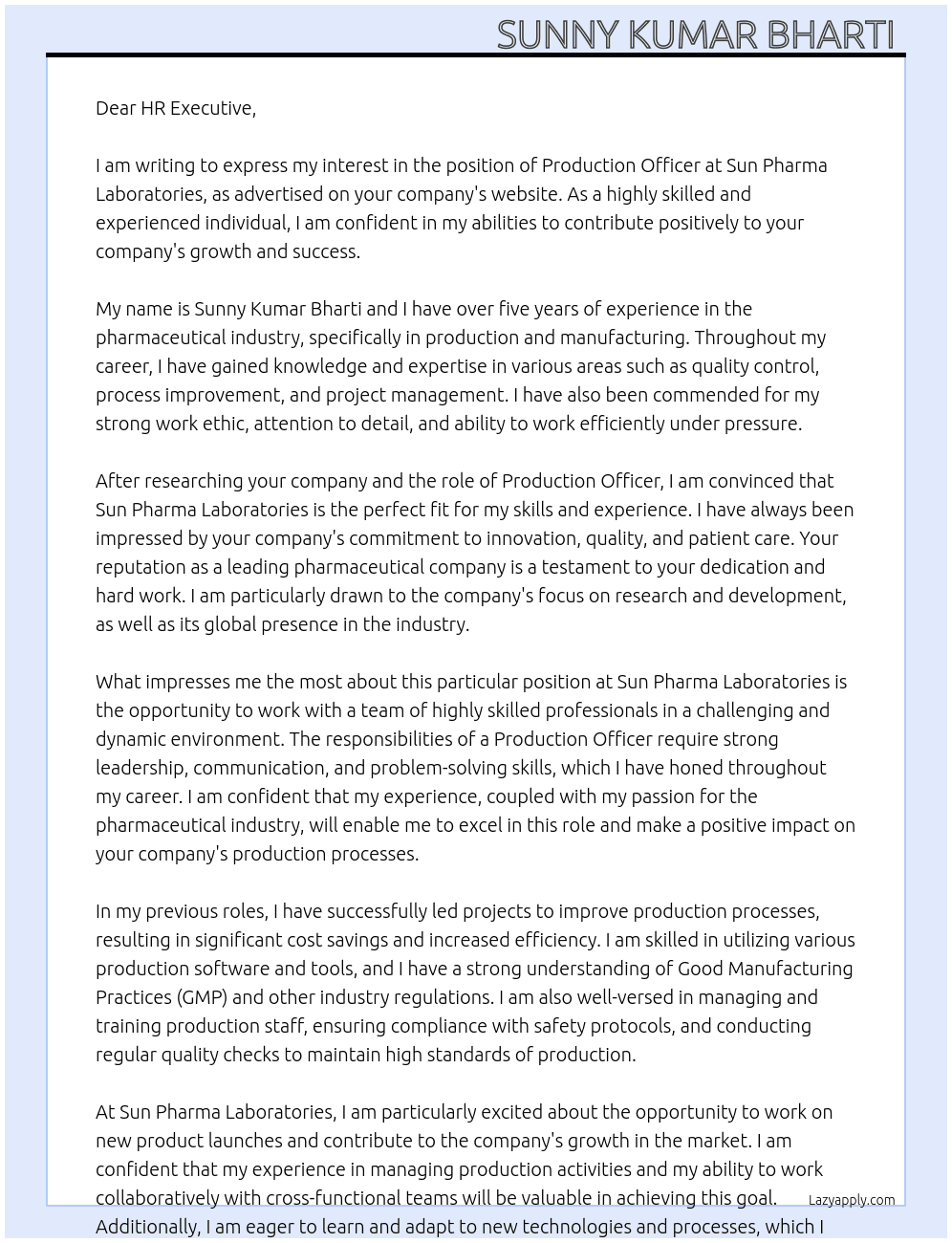 Production officer  At Sun pharma laboratories  Cover Letter