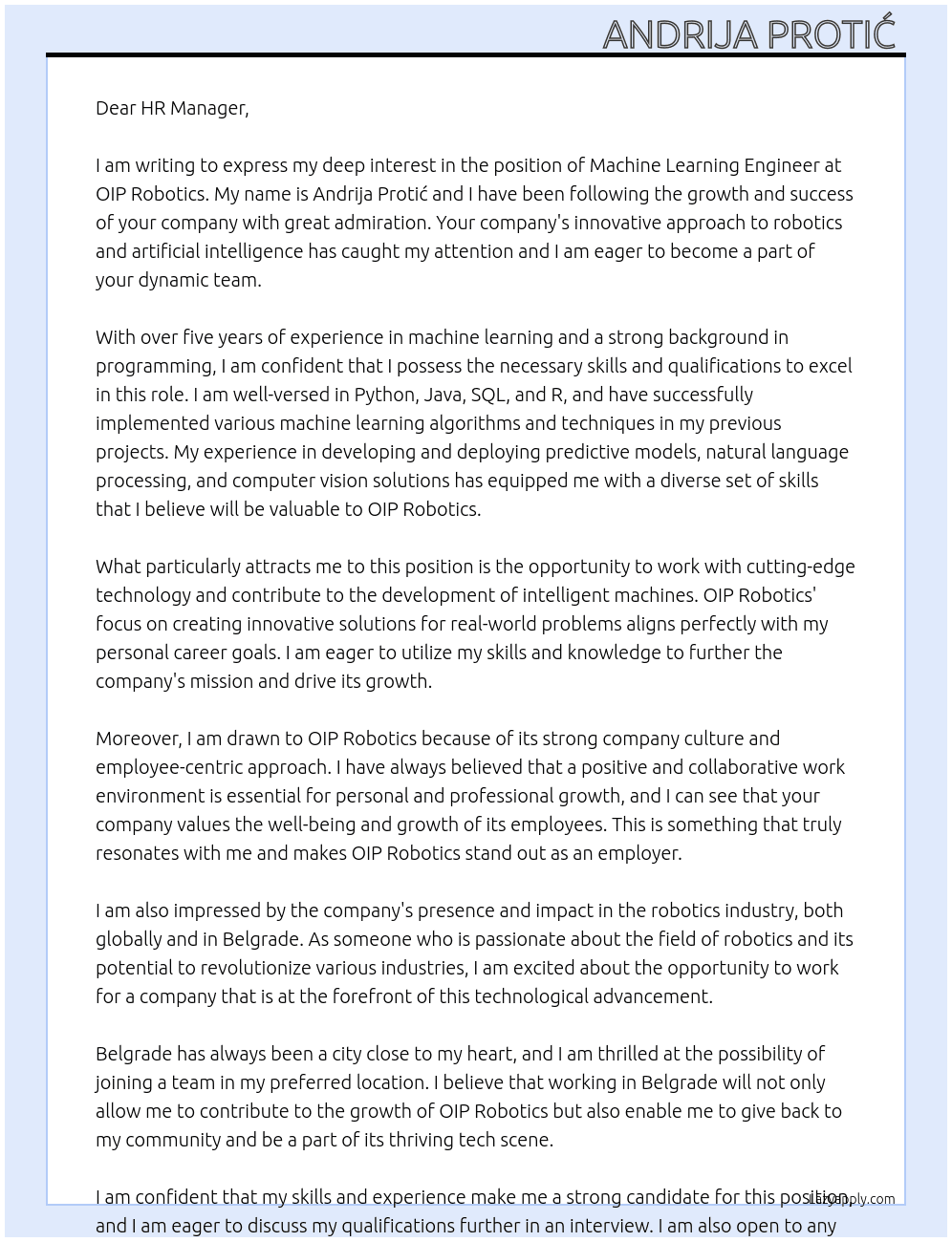 Machine learning engineer At OIP Robotics  Cover Letter