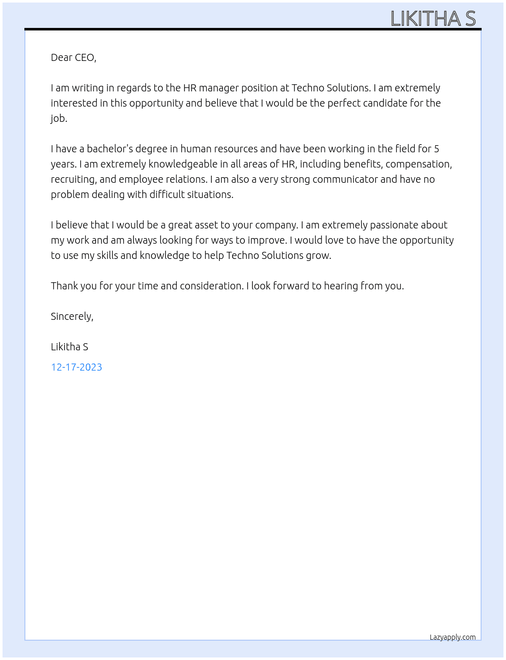 HR manager At Techno solutions  Cover Letter