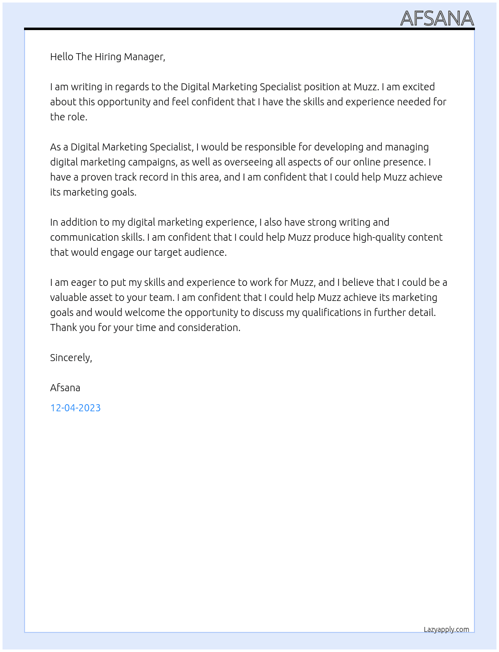 Digital Marketing Specialist At Muzz Cover Letter