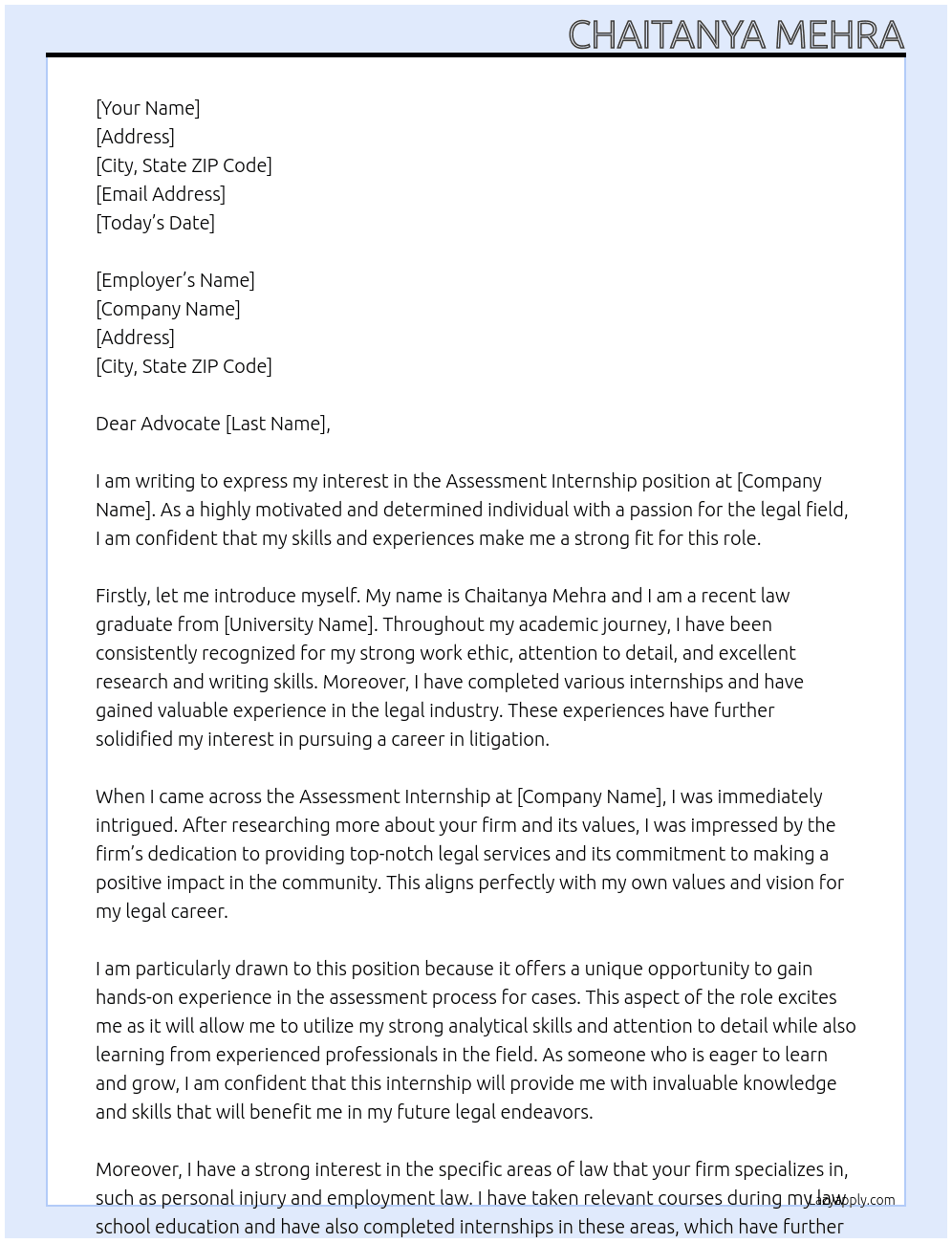 assessment internship At litigation firm Cover Letter