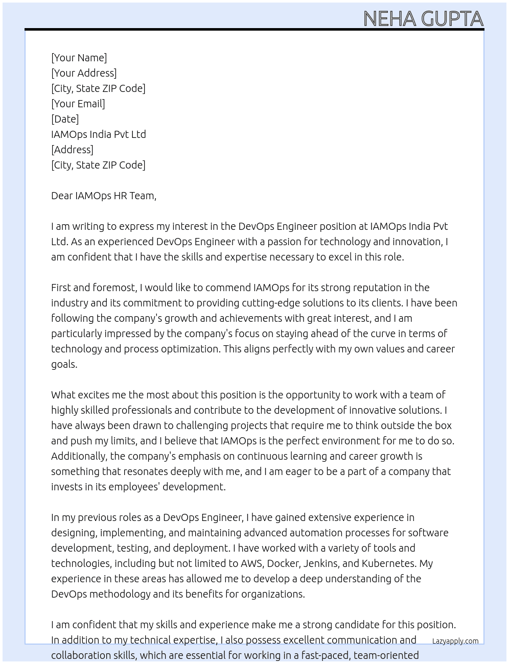 DevOps Engineer At IAMOps India pvt Ltd  Cover Letter