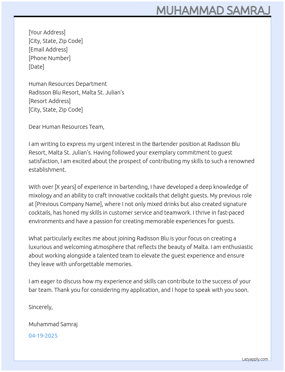 Bartender At Radisson Blu Resort, Malta St. Julian's Cover Letter