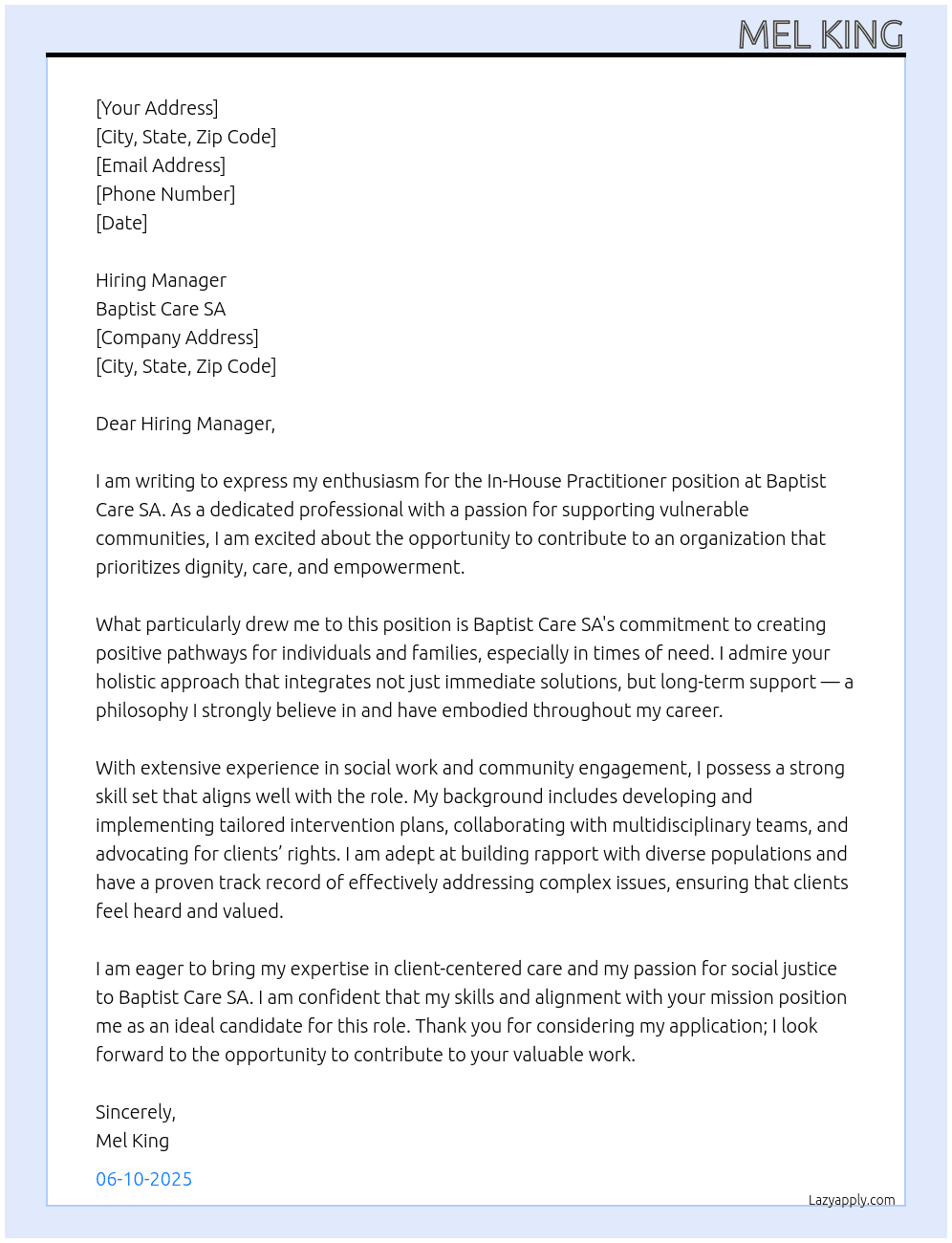 Cover letter for in house practitioner - LazyApply