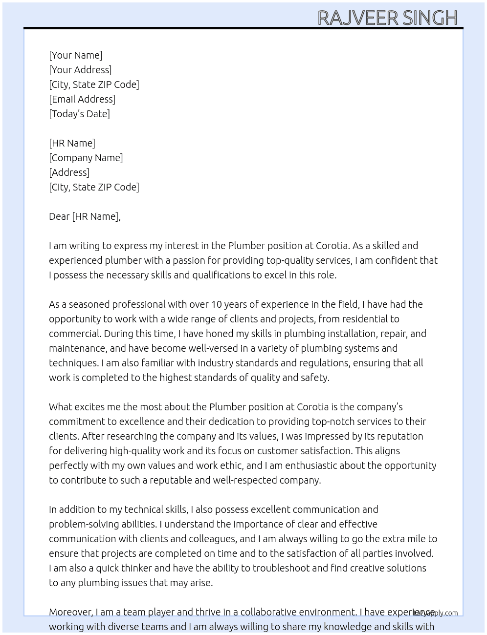 Plumber At Corotia Cover Letter
