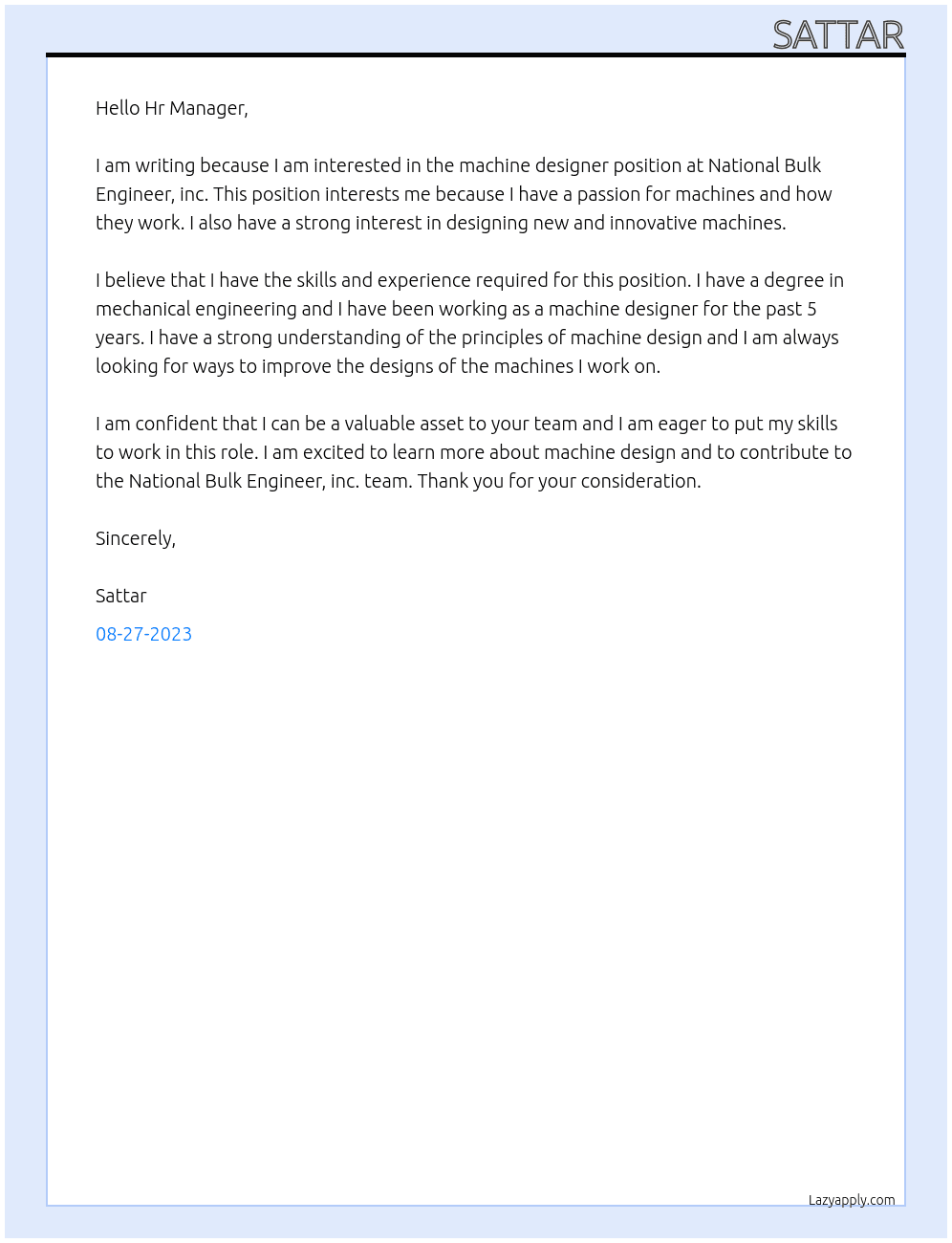 machine designer At National Bulk Engineer,inc Cover Letter