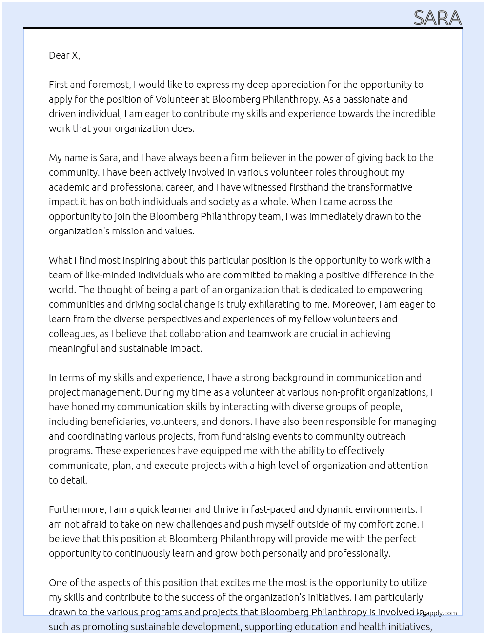 Volunteer At Bloomberg Philantrophy Cover Letter
