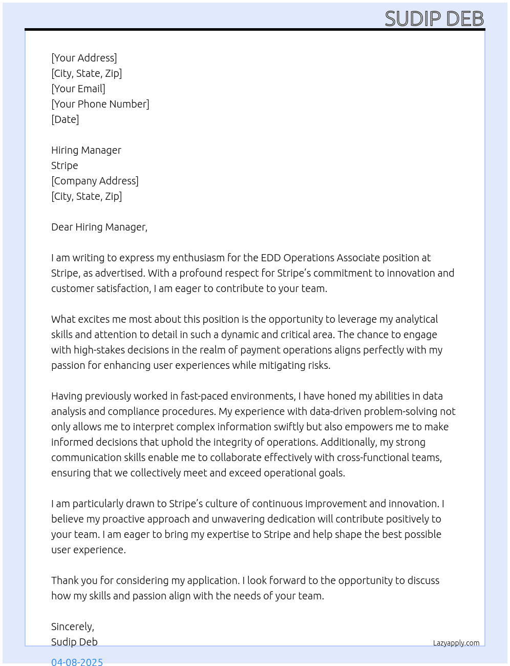 EDD Operations Associate At Stripe Cover Letter